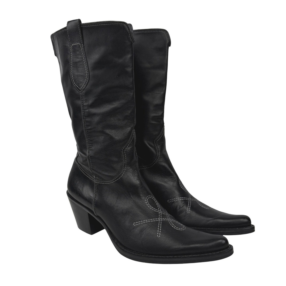 FRANCO‎ SARTO Black Leather Western Pointed Toe Block Heel Cowboy Boots 6M